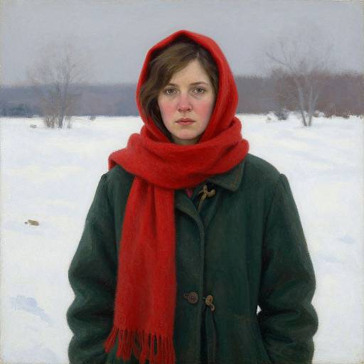 Photograph of a young woman with fair skin, brown hair, and blue eyes, wearing a red scarf and dark coat, standing in a snowy landscape