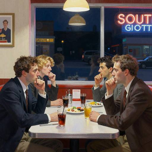 Five men in suits dining at a retro diner, laughing and eating, with a neon 