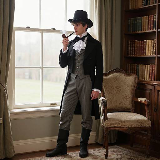 Photograph of a Victorian gentleman in black top hat, pinstripe suit, white cravat, smoking pipe, standing by window in book-filled