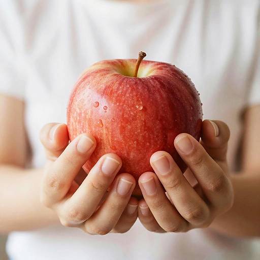 Photograph of hands holding a red, shiny apple with droplets of water, against a blurred white background, highlighting the apple's vibrant color and texture