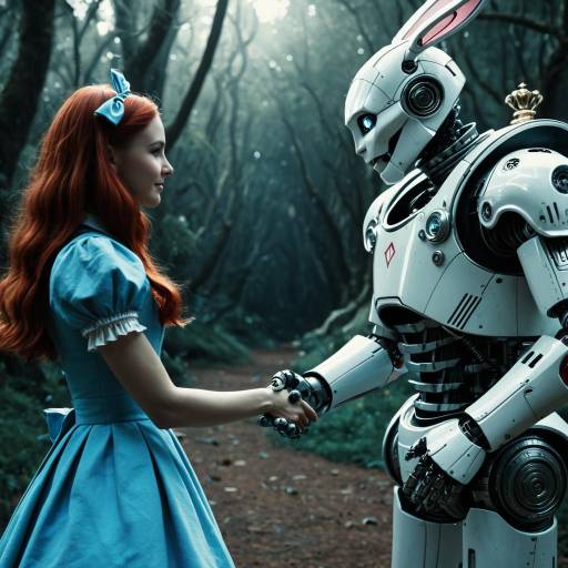 Futuristic Robot Shaking Hands with Alice in Wonderland