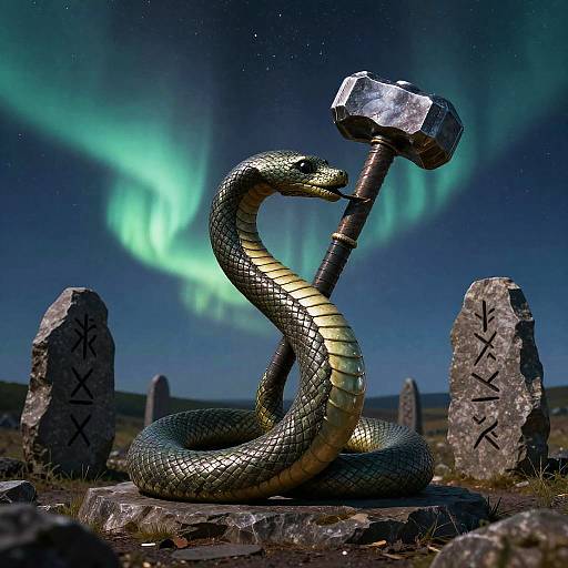 Photorealistic CGI: A large, golden-scaled snake coiled on a rock, holding a silver hammer, with vibrant green auroras in the
