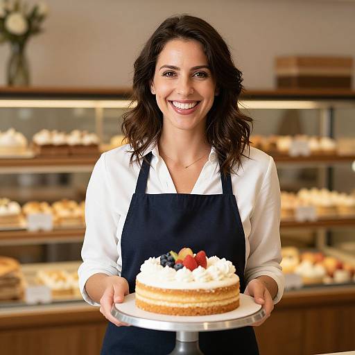 Photograph of smiling brunette woman in white shirt and black apron, holding a frosted cake with berries in a bakery.