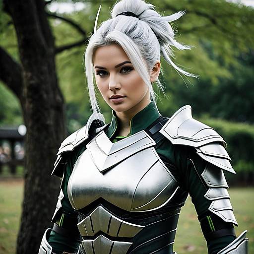 Woman in Silver Armor Costume Outdoors