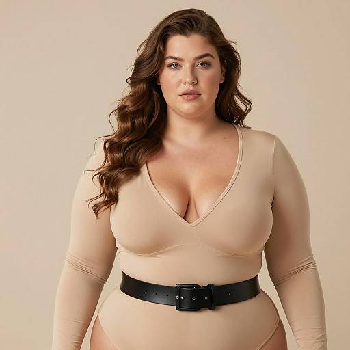 Plus Size Woman in Beige Bodysuit with Black Belt