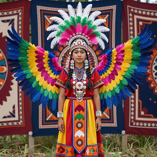 Young Woman in Colorful Indigenous Feathered Costume