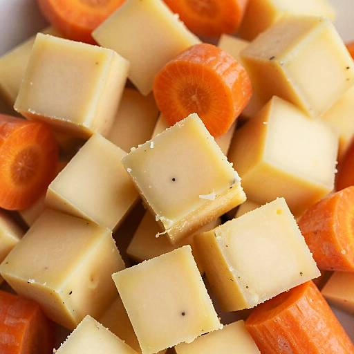 Close-up of diced cheese and carrots