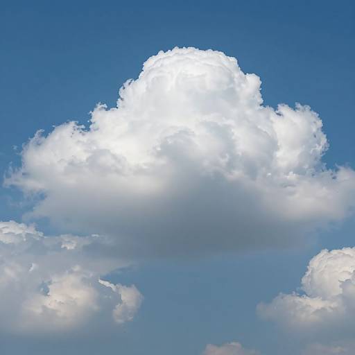 Photograph of a large, fluffy white cumulus cloud against a bright blue sky, with smaller clouds in the background.