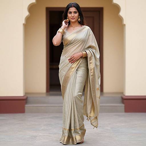 Photograph of an elegant Indian woman in a gold and cream saree, standing confidently in a doorway, wearing gold jewelry and bangles.