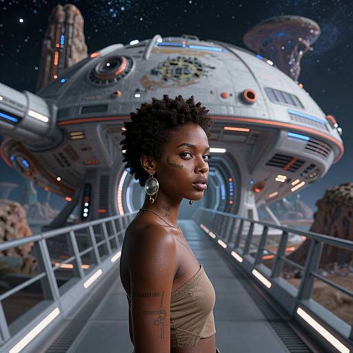 Photorealistic CGI of an African woman with natural afro, wearing a beige tube top, standing on a futuristic bridge, with a glowing spaceship in