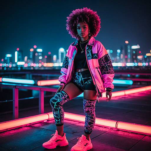 Young Woman in Vibrant Cyberpunk Rave Outfit on Rooftop