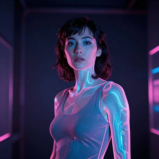 Cyberpunk-style photograph of a young woman with short dark hair, glowing neon blue and pink cybernetic patterns on her chest and arms, wearing