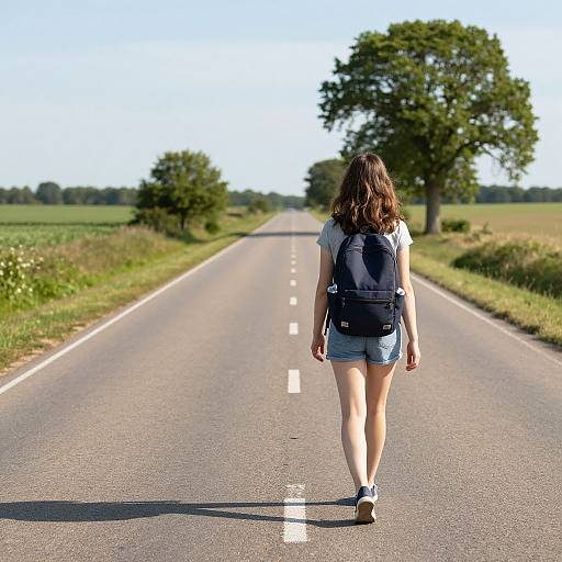 Photograph of a woman with wavy brown hair, wearing a white shirt, denim shorts, and a black backpack, walking down a sunlit,