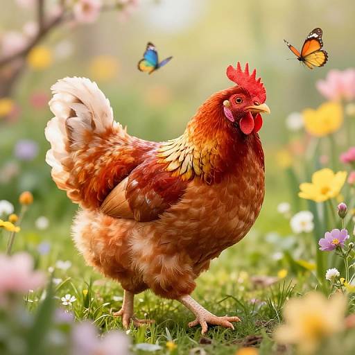 Photograph of a vibrant red-brown rooster with a white-tipped tail, standing in a colorful meadow with blooming flowers and two butterflies