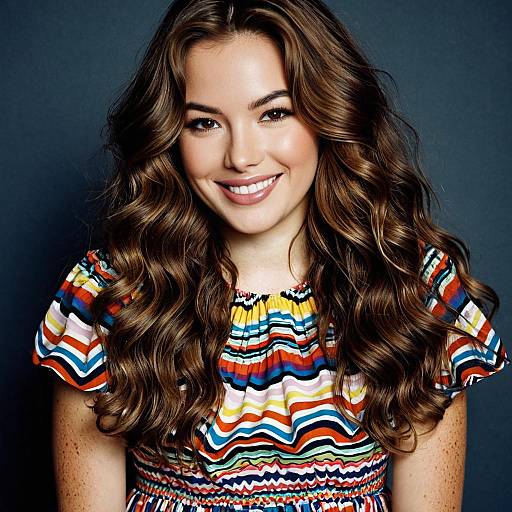 Smiling Woman with Wavy Brown Hair in Multicolored Dress