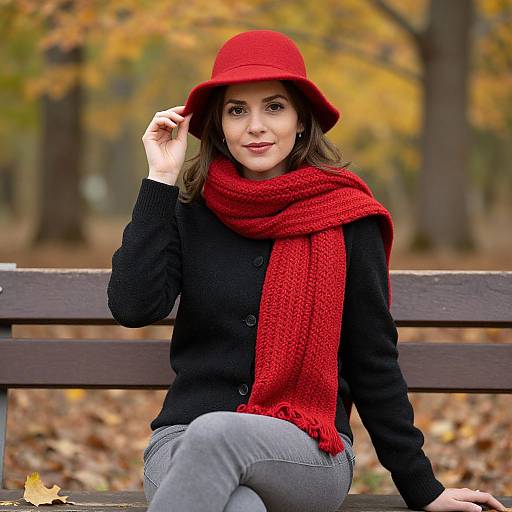Photograph of a smiling woman in a red hat and scarf, black sweater, and gray pants, sitting on a wooden bench in an autumn forest.