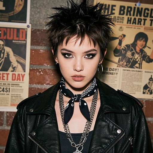 Photograph of a pale-skinned, short-haired punk girl with bold makeup, black leather jacket, and chain necklaces, standing against a brick wall