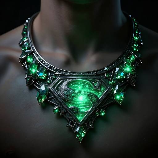 Photograph of a dark-skinned person wearing an elaborate, glowing green, metallic necklace with intricate designs and embedded neon green crystals.