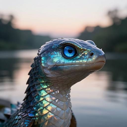 Photograph of a vibrant, iridescent lizard with shimmering blue, green, and purple scales, large bright blue eye, and textured skin,