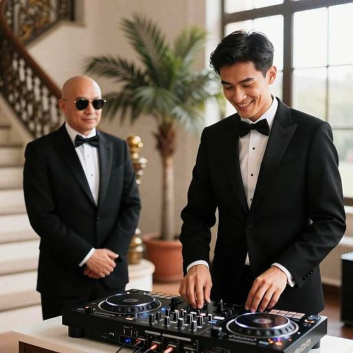 Elegant DJ Duo in Tuxedos