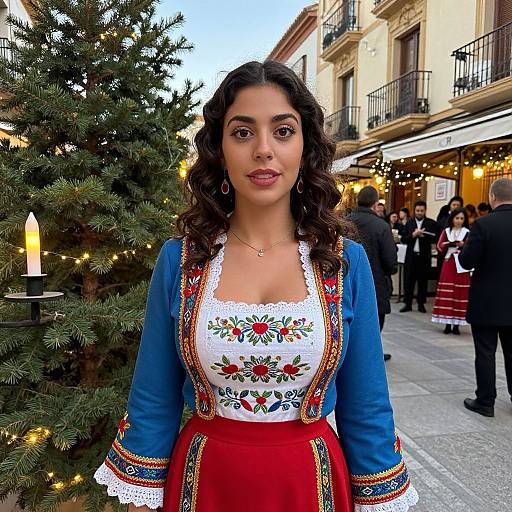 Photograph of a young woman with curly dark hair, wearing a traditional blue and red embroidered dress with white lace, standing in front of a decorated Christmas