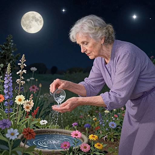 Elderly woman in lavender dress, moonlit night, pours water from glass into colorful garden flower pond, stars in the background. Photograph.