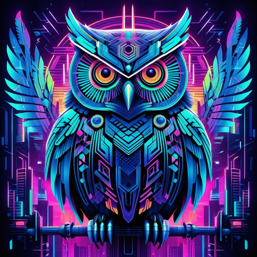 Cybernetic Owl in Neon Retro-Futurism