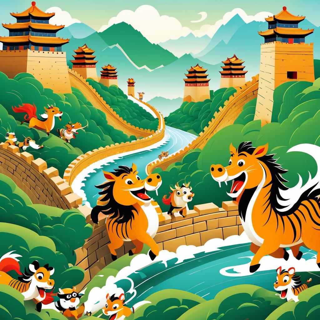 Cartoon Animals vs. Great Wall: A Humorous Clash