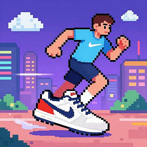 Pixel art of a brown-haired man in a blue shirt and black shorts, running energetically in a vibrant, purple cityscape.