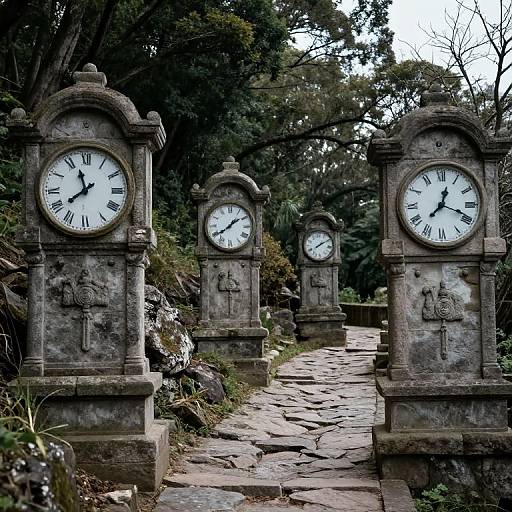 Photograph of three weathered, stone clock towers with white faces and black Roman numerals, lined along a stone pathway in a wooded area.