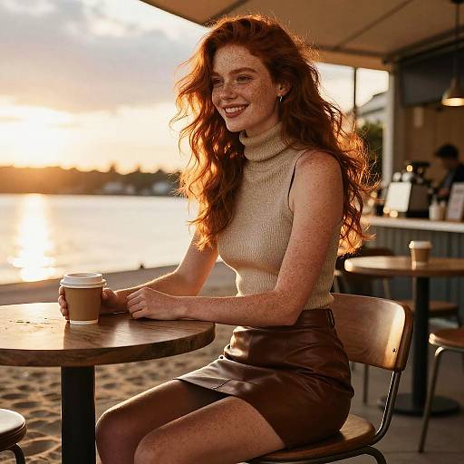 Redhead Woman Enjoying Coffee by the Lake at Sunrise