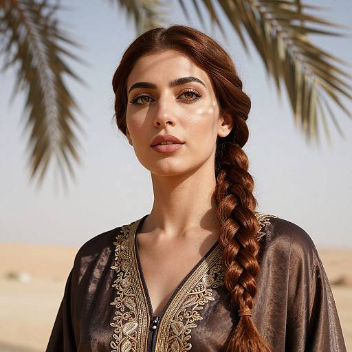 Photograph of a beautiful Middle Eastern woman with long, braided brown hair, wearing an ornate black embroidered top, standing outdoors under a palm tree