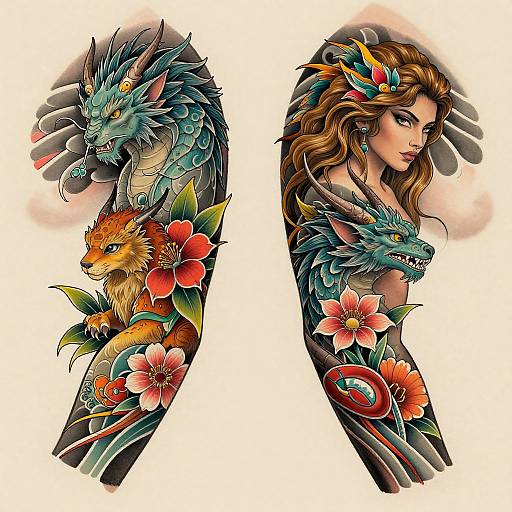 Vibrant digital tattoo art featuring a woman with long brown hair, dragon heads, and colorful flowers on her arm. Intricate, detailed design with