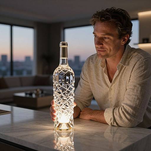 Photograph of a middle-aged man with wavy brown hair, wearing a beige button-up shirt, holding a glowing, geometric-patterned wine bottle on