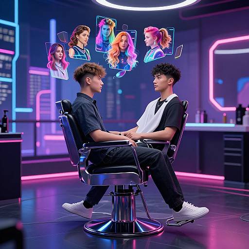 Photorealistic CGI of two young men in black and white barber shop uniforms, seated in neon-lit chairs, facing each other, with holographic