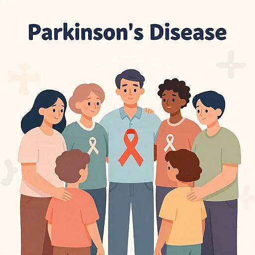 Illustration of diverse group of people with Parkinson's disease awareness, wearing red ribbons and supportive gestures, standing together. Text: 