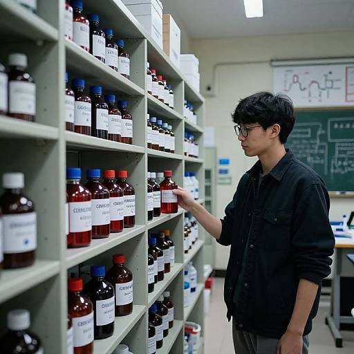 Asian man with short black hair and glasses, wearing a black shirt, browsing shelves of dark brown medicine bottles in a well-lit pharmacy.