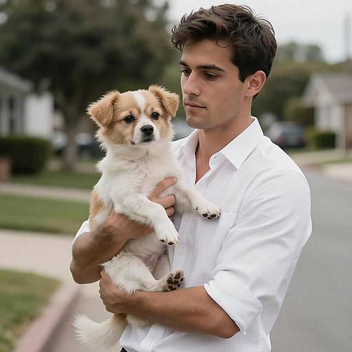 Charming Man with Dog on Suburban Street
