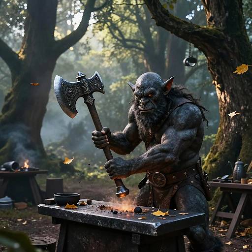 Troll Blacksmith Forging Enchanted Axe