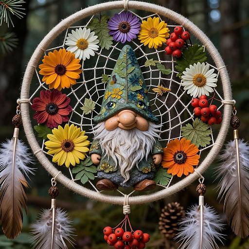 Digital artwork of a gnome with green hat and white beard, surrounded by colorful flowers and feathers in a dreamcatcher.
