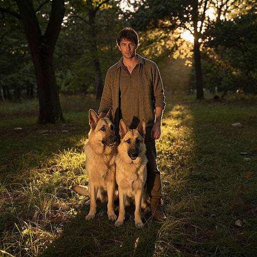 Photograph of a man in a green shirt standing in a sunlit forest, flanked by two German Shepherd dogs, backlit by golden sunlight.