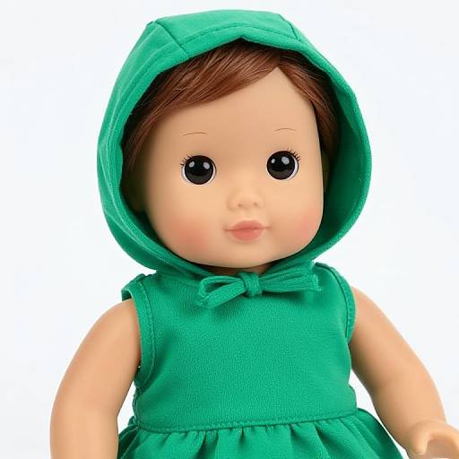 Photograph of a doll with fair skin, large black eyes, and brown hair, wearing a green hooded dress against a white background.