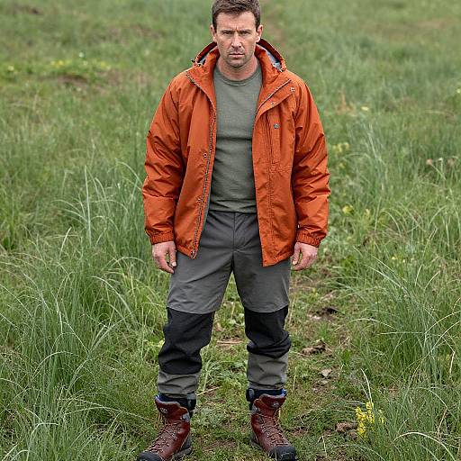 Photograph of a serious-looking man with short brown hair, wearing an orange jacket, gray shirt, dark pants, knee pads, and brown boots,
