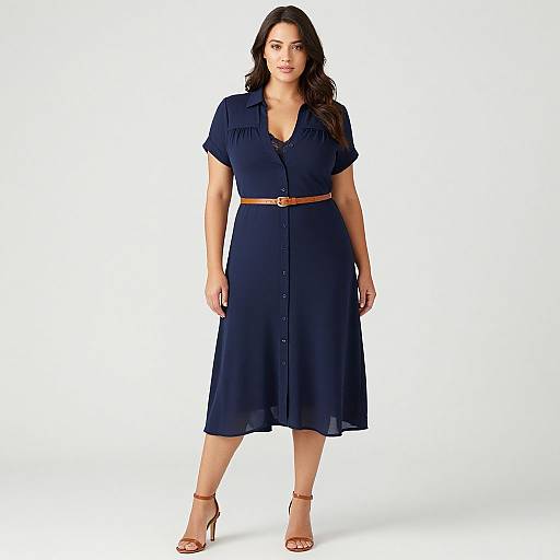 Photograph of a curvy woman with long dark hair, wearing a navy blue dress with short sleeves, brown belt, and gold sandals, standing against