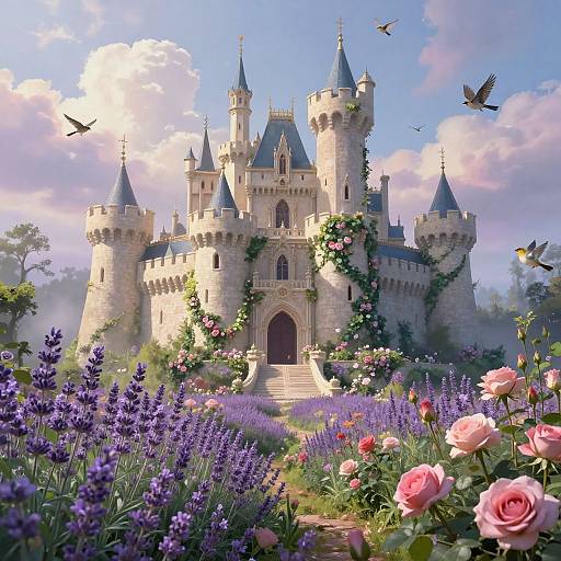 Digital fantasy artwork of a fairytale castle with ivy-covered towers, surrounded by vibrant purple lavender and pink roses, under a blue sky with fluffy