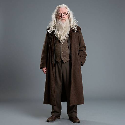 Photograph of an elderly white man with long white hair and beard, wearing glasses, a long black coat, brown vest, and trousers, standing against