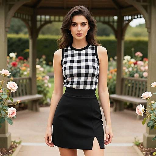 Mod-Inspired Woman in Rose Garden