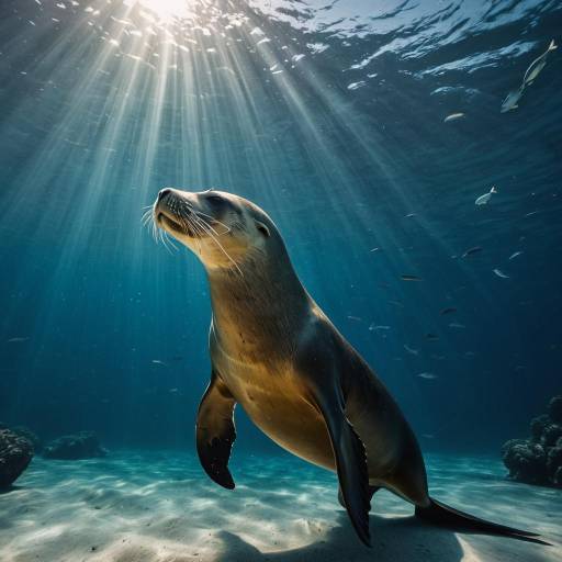 Sea Lion Swimming Underwater with Sun Rays