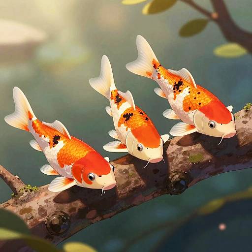 Photograph of three vibrant orange and white koi fish with black spots swimming on a moss-covered branch in a sunlit pond.