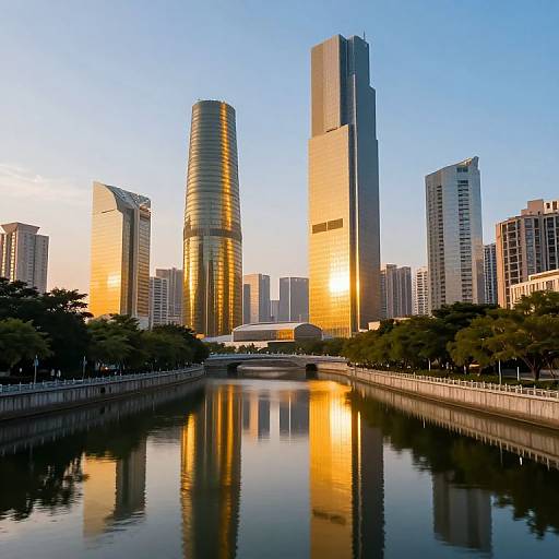 Photograph of a city skyline at sunset, showcasing tall buildings with golden reflections in a calm river, surrounded by trees.